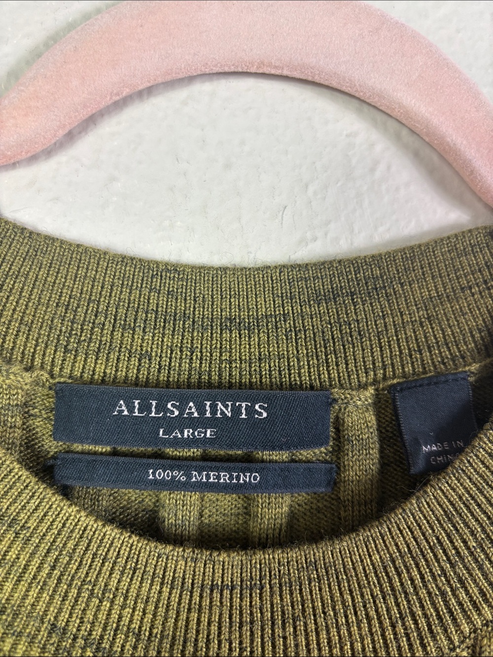 AllSaints Daina Cold Shoulder 100% Merino Wool Sweater Dress Olive Green Sz L - Picture 7 of 11